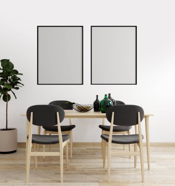 Modern iç plan, oturma odası, İskandinav tarzı, 3 boyutlu resim, 3 boyutlu çerçeve
