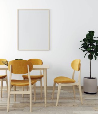 Parlak oturma odası, masa ve sandalye sehpası, dekorasyon. Oturma odasının iç mimarisi. Gündüz vakti modern tasarım odası. 3d hazırlayıcı