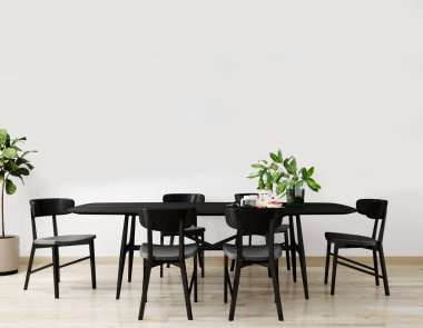 Parlak oturma odası, siyah masa ve sandalye sehpası, dekorasyonlu. Oturma odasının iç mimarisi. Gündüz vakti modern tasarım odası. 3d hazırlayıcı