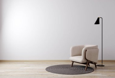Beyaz duvarı ve İskandinav tarzı modern mobilyaları olan parlak bir oda. Model için oturma odası. 3d oluşturma