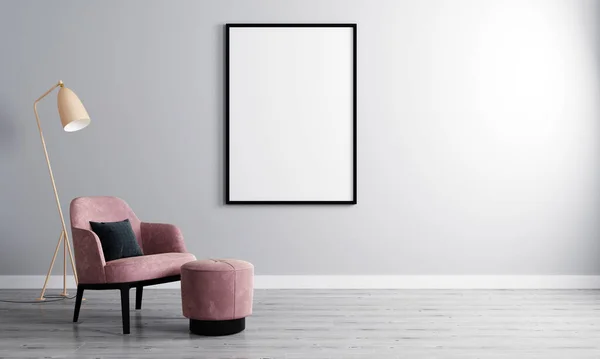 Vertical blank picture frame in empty room with white wall and armchair on wooden parquet. Room interior with armchair and blank frame for mockup. 3d rendering