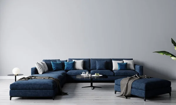 有蓝色沙发和装饰咖啡桌的明亮客厅的风格内饰 客厅的室内模拟 具有明亮日光的现代设计室 3D渲染 — 图库照片