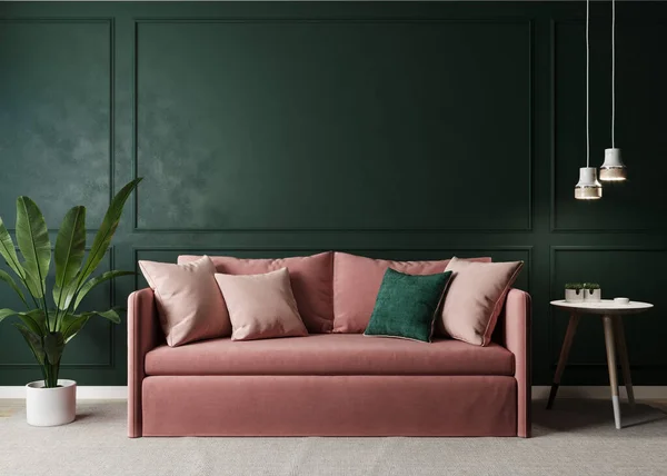 家庭室内模拟 粉色沙发 桌子和装饰在绿色客厅 3D渲染 — 图库照片