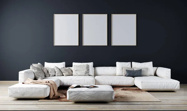 Modern Living Room Interior Background Dark Wall Scandinavian Style Illustration — Stock Photo, Image