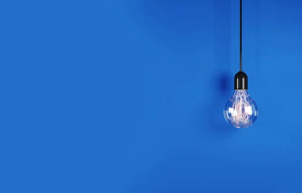 Singolare Lampadina Sospesa Sfondo Blu Brillante Con Spazio Testo Rendering — Foto Stock