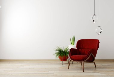Oturma odasının içi kırmızı koltuk ve çiçeklerle dolu, beyaz duvar arka planı taklit ediyor, 3 boyutlu.
