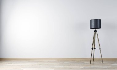 Boş oturma odasının içindeki zemin lambası, beyaz duvar arka plan, posterler, 3D görüntüleme