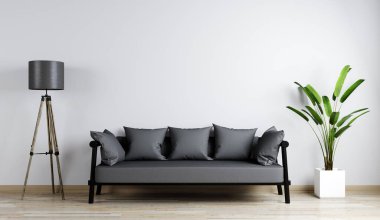 Oturma odasında gri kanepe, çiçek ve kına lambası olan ev yapımı maket.