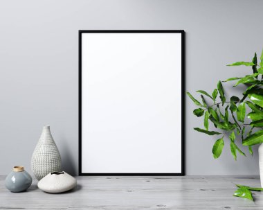 Modern iç planda model poster çerçevesi, İskandinav tarzı, 3D görüntüleme