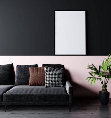 Minimalist modern oturma odasının iç plan, 3D görüntüleme posterleri