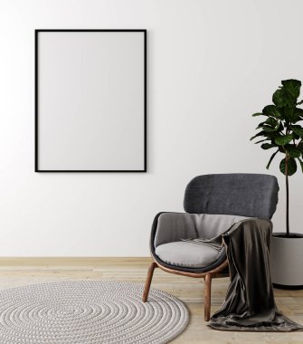 Oturma odasının içi gri koltuk ve bitkilerle dolu, beyaz duvar arka planı taklit ediyor, 3 boyutlu.