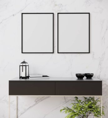 Mermer bir büfe ve bitki konsolu üzerinde iki siyah çerçeve ile modern bir model iç tasarımı