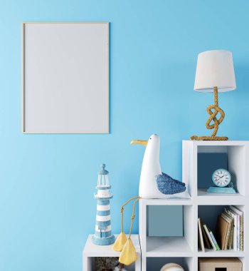 Çocuk odasında poster çerçevesi, İskandinav tarzı iç plan mavi duvar, 3D resim, 3D resim
