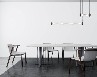 Poster, duvar iç kısımda açık gri yemek odasıyla süslenir.