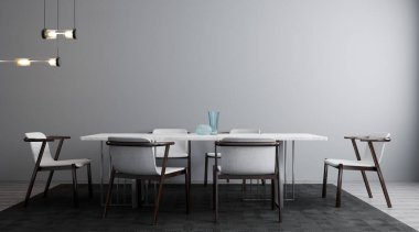 Beyaz masa ve sandalyeli parlak oturma odasının şık bir iç mekanı. Oturma odasının iç mimarisi. Gündüz vakti modern tasarım odası. 3d oluşturma