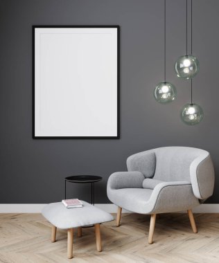 Modern iç plan, oturma odası, İskandinav tarzı, 3D çizim, 3D resim