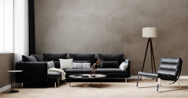 Minimalist modern oturma odası arka planında siyah kanepe. 3B görüntüleme