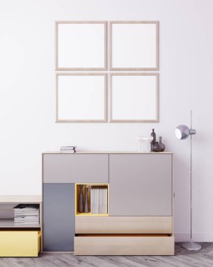 Modern iç plan, oturma odası, İskandinav tarzı, 3D çizim, 3D resim