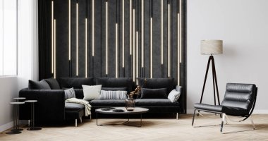 Siyah kanepesi, koltuğu, lambası ve sehpası olan modern oturma odası. Öncü ışığı olan duvar panelleri. Oturma odasının iç mimarisi. 3d hazırlayıcı