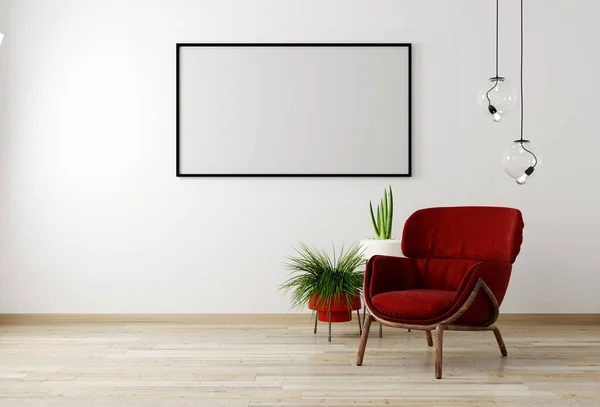 用红色扶手椅和花装饰客厅内部 白色墙壁模拟背景 3D渲染 — 图库照片