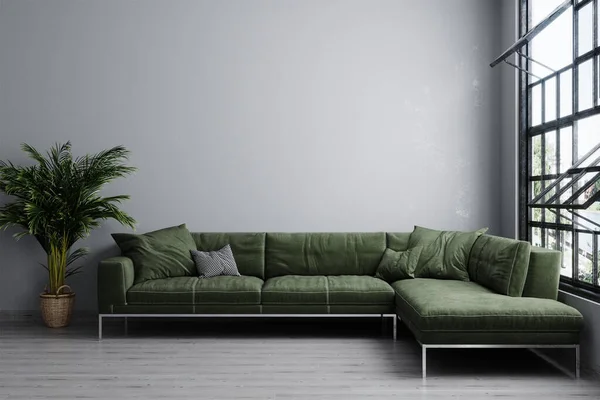 Stylish interior of bright living room with green sofa and plant. Living room interior mockup. Modern design room with bright daylight. Loft.3d rendering