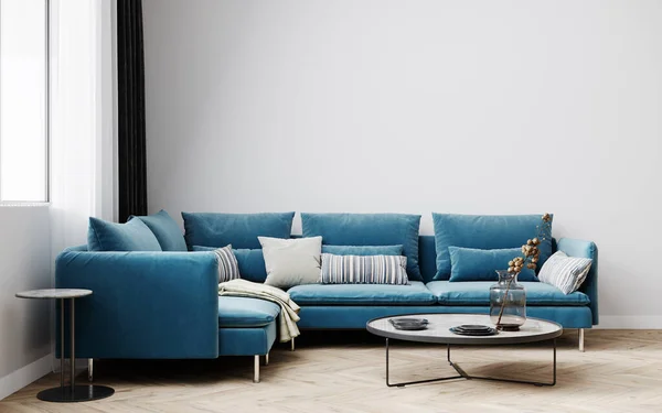 希斯特风格的室内背景 客厅与蓝色沙发 3D渲染 — 图库照片