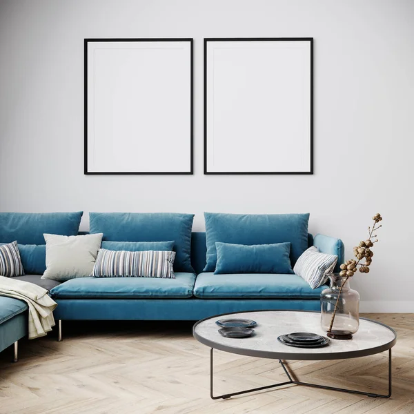 Modern oturma odasının içini parlak renklerle kaplayan bir poster, sehpalı mavi bir kanepe. 3B görüntüleme