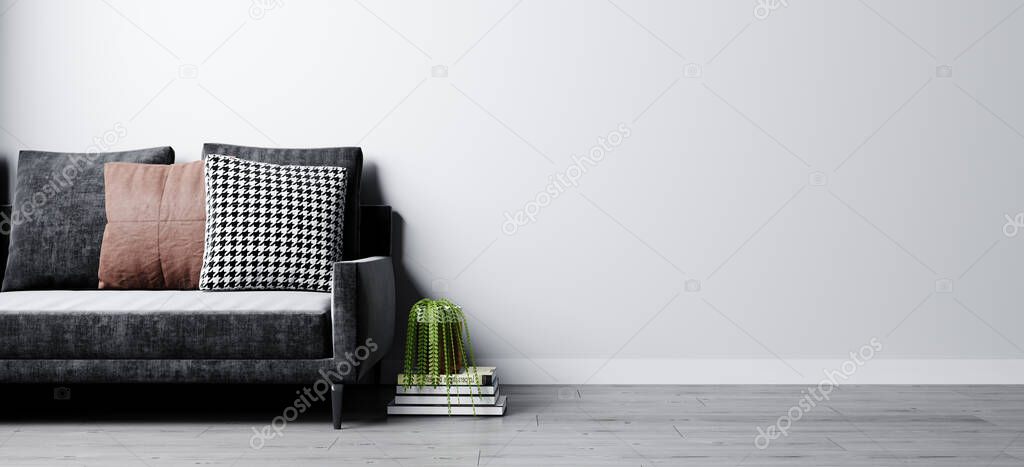 Modern interior background, wall mock up, Living room mockup with gray sofa and plant. 3d rendering