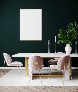 Altın çerçeveler modern minimalist oturma odasında, pembe sandalyeli, beyaz masa ve bitkilerle, oturma odasının arka planı, İskandinav tarzı, modern iç mekan, 3D 