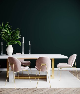 Oturma odası iç tasarım sahnesi pembe sandalye, masa ve boş yeşil duvar, oda içi model, boş oda içi arka plan, yeşil boş duvar tasarımı, 3D çizim