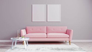 Dikey beyaz poster çerçeveleri oturma odasında, pembe kanepe ve beyaz sehpa arkaplanlı, parlak oturma odasının iç mimarisi, 3D görüntüleme