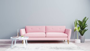 Parlak oturma odası pembe kanepe ve açık mavi duvarla ahşap zemin, oturma odası iç plan, 3D görüntüleme 