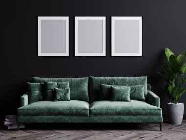 Lüks, karanlık oturma odası arka planı, oturma odası modeli, yeşil kanepesi ve bitkisi olan modern oturma odası, İskandinav tarzı, 3D görüntüleme.