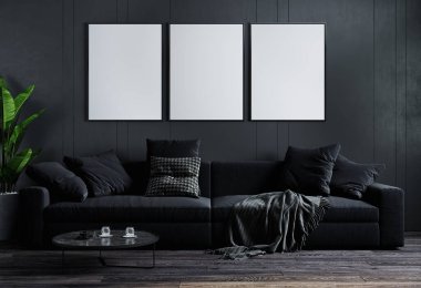 Lüks, karanlık oturma odası arka planı, oturma odası modelleme, siyah kanepesi ve bitkisi olan modern oturma odası, 3D görüntüleme.