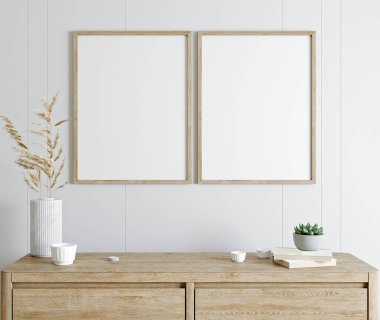 Beyaz duvar ve ahşap konsollu modern iç mimari modeli poster çerçeve, bitkiyle iç içe, 3D işlemeli.