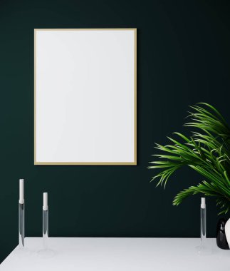 Modern yeşil iç plan çerçeveli, bitki ve dekorasyonlu, 3D biçimlendirmeli poster çerçevesi.