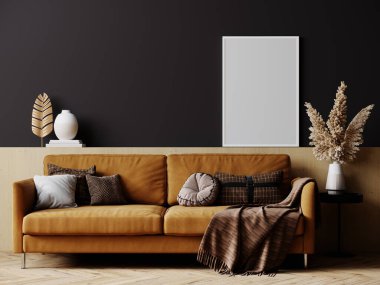 Parlak oturma odası, kahverengi kanepe, bitki ve dekorasyonlu kahve masası. Karanlık oturma odasının iç mimarisi. Gündüz vakti modern tasarım odası. 3d hazırlayıcı