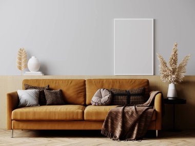 Parlak oturma odası tasarımında çerçeve modeli, kahverengi kanepe, İskandinav iç mimarisinde beyaz çerçeve, 3D