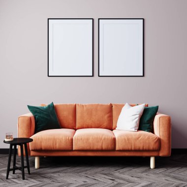 Minimum oturma odası tasarımı, boş modern arka planda turuncu kanepe, 3D çizim.