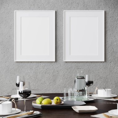 Masa, oturma odası, İskandinav tarzı, 3D çizim, 3D illüstrasyon ile modern iç planda poster çerçevesi oluşturuldu.