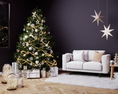 Noel karanlık oturma odası İskandinav tarzında. Hediye kutuları ve pırıltılarıyla Noel ağacı, duvarında beyaz kanepe Mockup, 3D