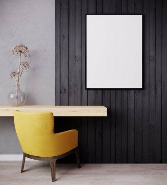 . Poster çerçevesi modern oturma odasının iç planında parlak sarı koltuk ve siyah ahşap duvar, minimalist İskandinav tarzı, 3D çizim
