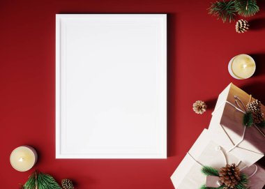 Beyaz çerçeveli dikey poster modeli, süslü Noel ağacı, mumlar ve kırmızı arka planda hediye süslemesi. Yeni yıl seti, 3B oluşturma.