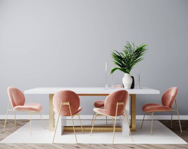 Oturma odasının iç dekorasyon sahnesi pembe sandalye, masa ve boş gri duvar, oda içi model, boş oda içi arka plan, gri boş duvar modeli, 3D resim