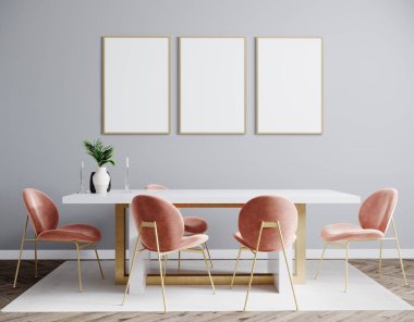 Modern arka planda üç adet poster çerçevesi, pembe sandalye, oturma odası, İskandinav tarzı, 3D çizim, 3D resim