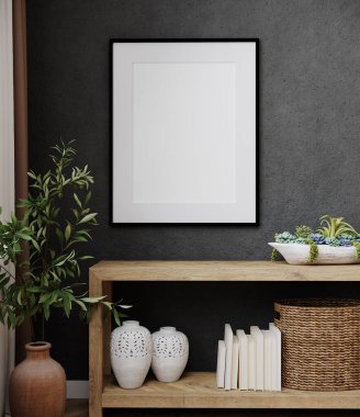 Mokup poster çerçeve modern siyah iç plan dekorasyon ve bitki, Hygge tarzı, 3D çizim, 3D illüstrasyon