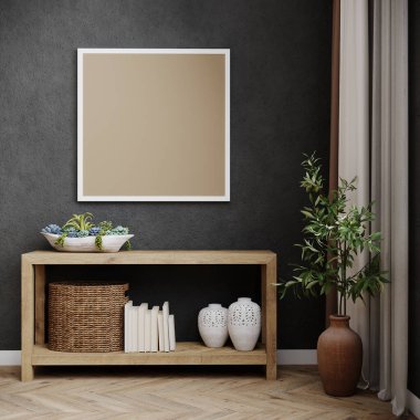 Modern iç plan çerçevesi, bitki ve siyah duvar, İskandinav tarzı, 3D çizim, 3D illüstrasyon