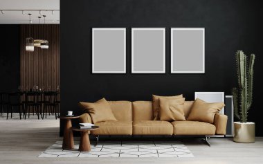 Koyu renkli ev içi çerçeve. Kanepe, tavan arası, 3D çizim.