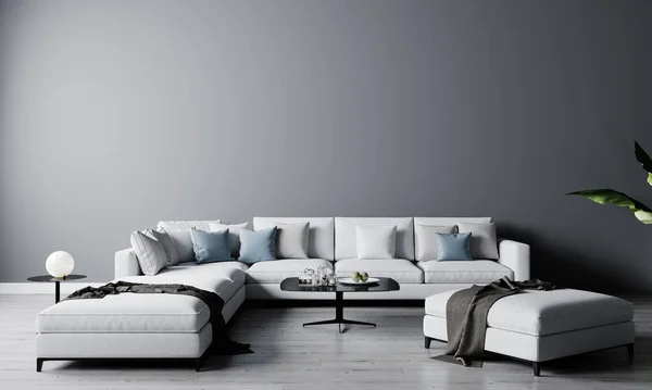 Stylish Interior Bright Living Room White Sofa Coffee Table Decoration — Stock Photo, Image