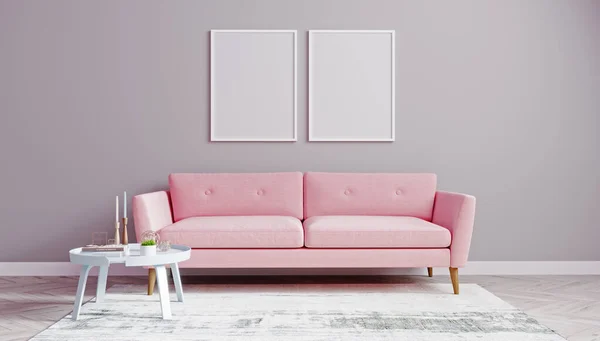 在有粉红沙发和白色咖啡桌背景的客厅里 垂直的白色海报框架被模仿 明亮的客厅内部被模仿 3D渲染 — 图库照片